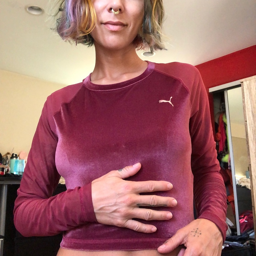 PUMA velvet with sheer long sleeves crop top